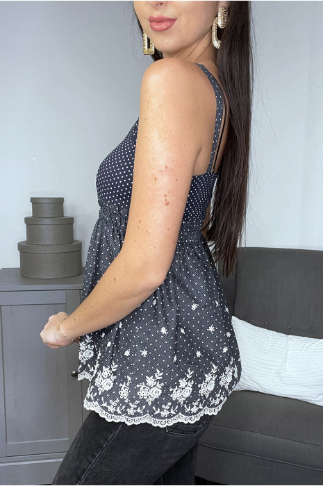 Top marine débardeur à motifs à pois blancs et dentelle - 2