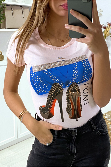 Pink t-shirt with pump and rhinestone pattern - 1