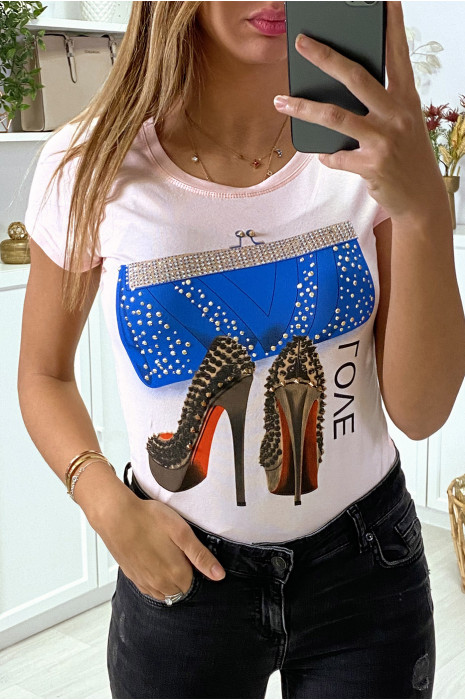 Pink t-shirt with pump and rhinestone pattern - 2