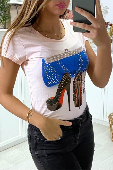 Pink t-shirt with pump and rhinestone pattern - 3