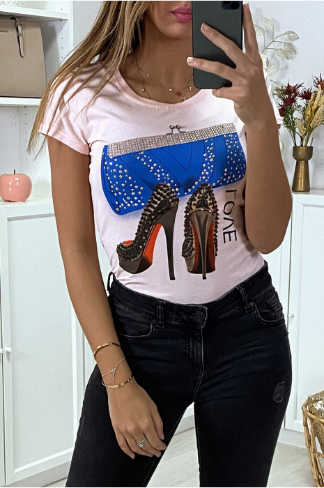 Pink t-shirt with pump and rhinestone pattern - 4