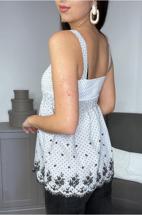 Top blanc débardeur à motifs à pois noirs et dentelle - 3