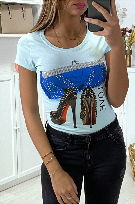 Teeshirt turquoise a motif escarpin et strass - 2