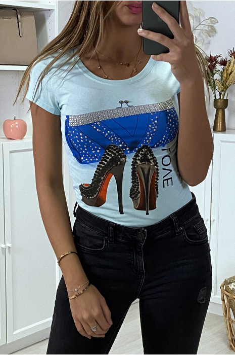 Teeshirt turquoise a motif escarpin et strass - 3