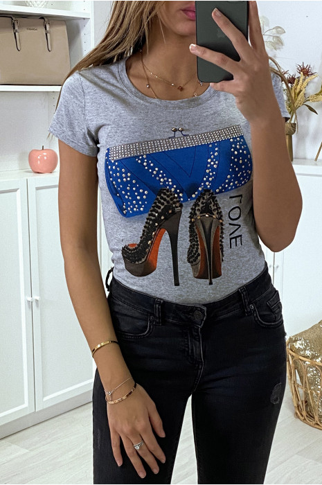 Teeshirt gris a motif escarpin et strass - 1