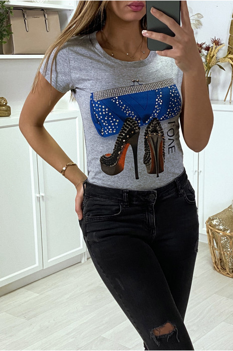 Teeshirt gris a motif escarpin et strass - 4