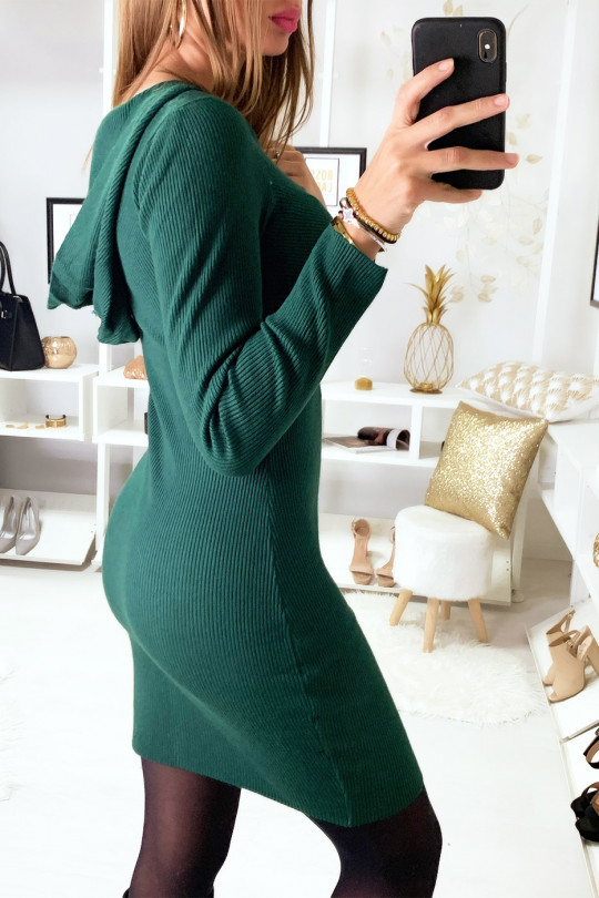 Robe côtelé verte croisé devant avec capuche - 3