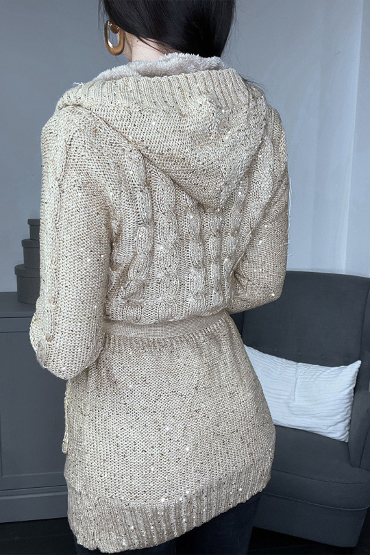 Beige knit and gold sequin vest with fur-lined lining - 4