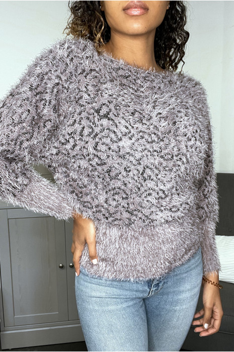 Pull taupe duveteux motif léopard - 1