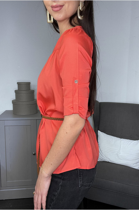 Coral blouse tunic with 3/4 sleeves and braided belt - 2