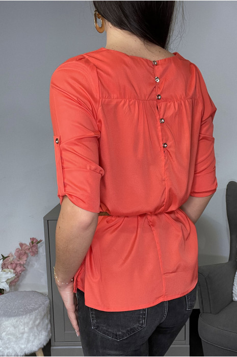 Coral blouse tunic with 3/4 sleeves and braided belt - 3