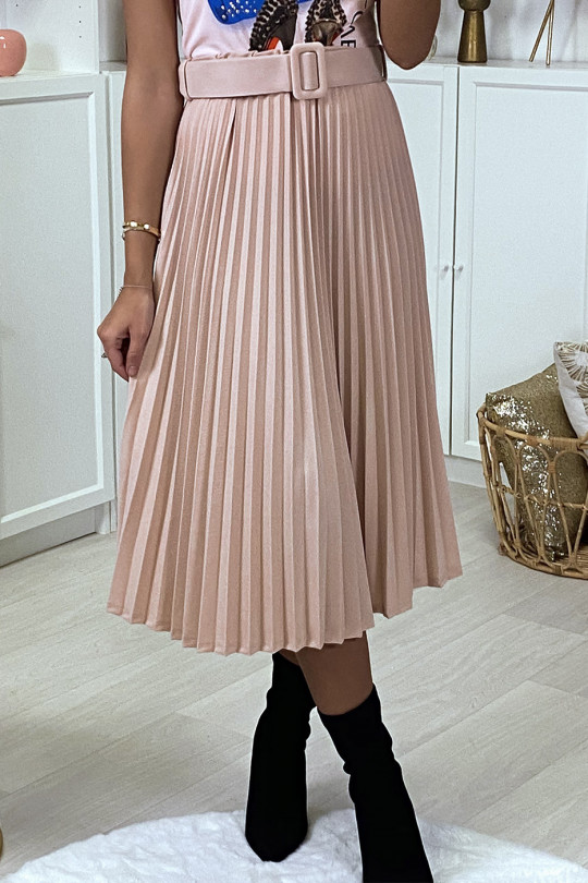 Mid-length pink pleated skirt with belt - 1