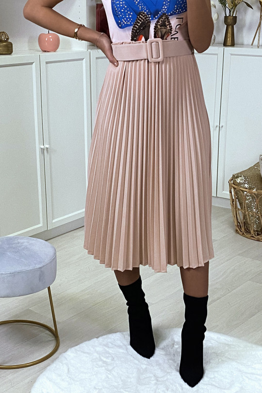 Mid-length pink pleated skirt with belt - 2