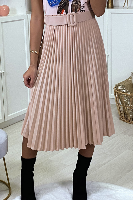 Mid-length pink pleated skirt with belt - 3