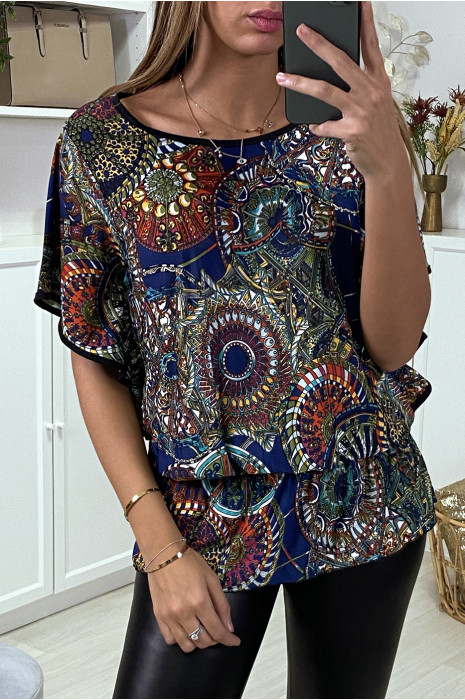 Haut ample marine manche volante à motif imprimé - 2