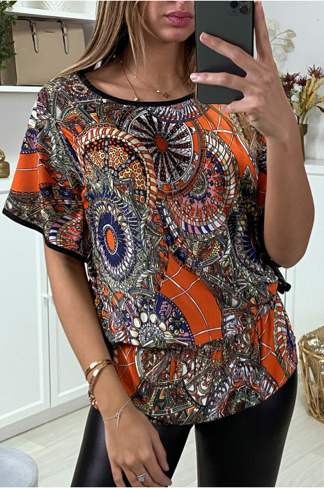 Haut ample orange manche volante à motif imprimé - 1