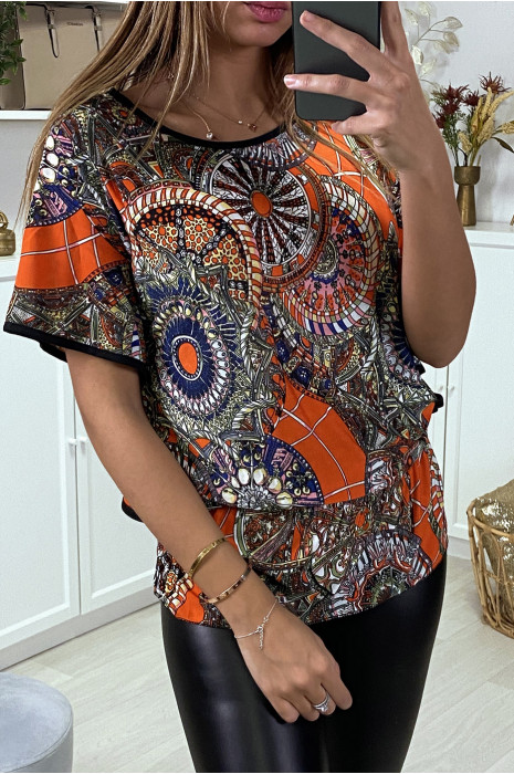 Haut ample orange manche volante à motif imprimé - 2