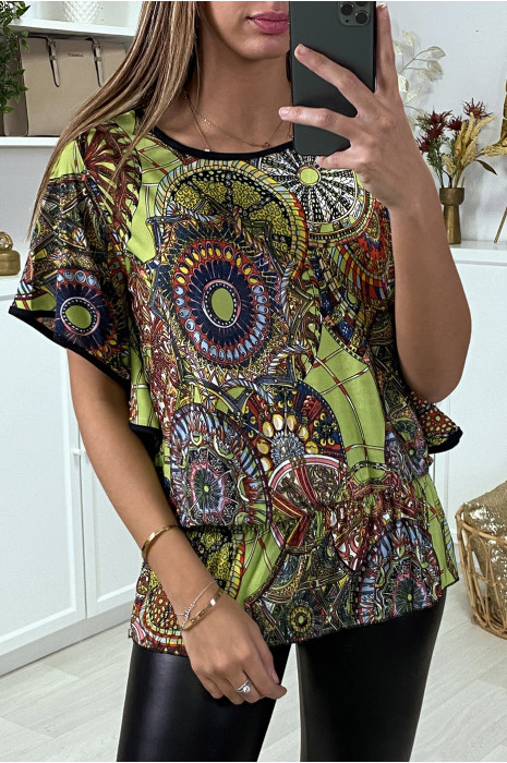 Haut ample vert manche volante à motif imprimé - 1