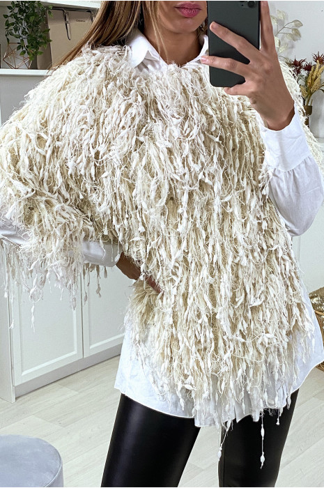 Beige poncho with feathers - 1
