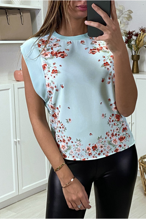 Top turquoise à imprimé fleurs et dos apparent. - 3