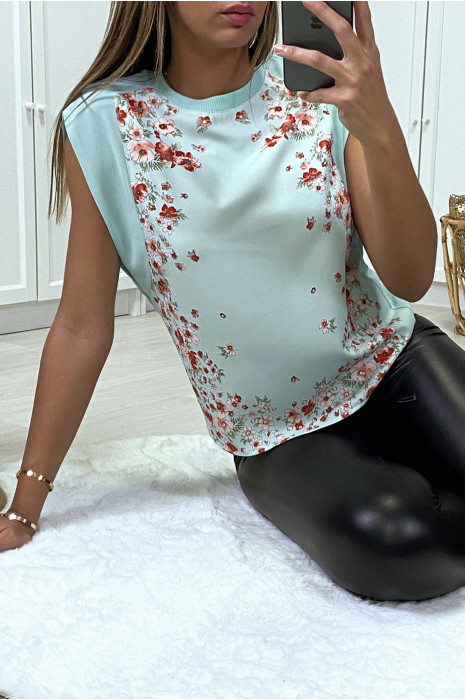 Turquoise top with flower print and visible back. - 6