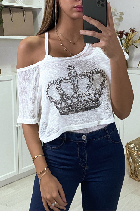 Teeshirt debardeur 2 en 1 blanc motif couronne - 1
