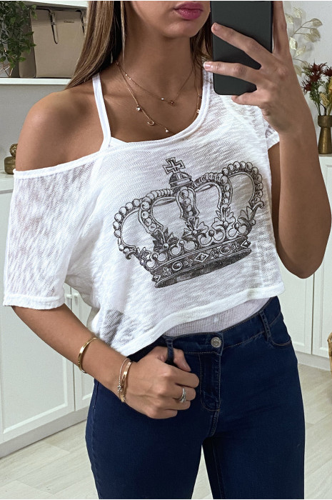 Teeshirt debardeur 2 en 1 blanc motif couronne - 2