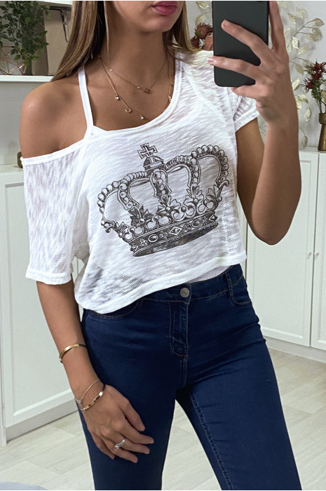 Teeshirt debardeur 2 en 1 blanc motif couronne - 3