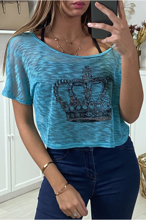 Teeshirt debardeur 2 en 1 bleu/noir motif couronne - 1