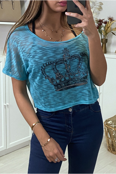 Teeshirt debardeur 2 en 1 bleu/noir motif couronne - 2