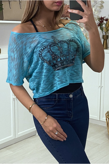 Teeshirt debardeur 2 en 1 bleu/noir motif couronne - 3