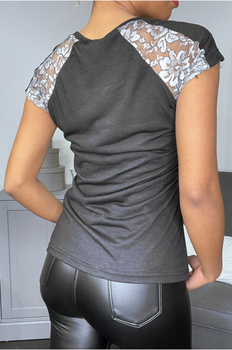 Tshirt noir manches broderie - 2