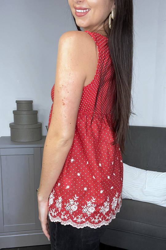 Navy tank top with white polka dots and lace patterns