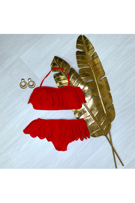 Bikini bandeau à volant rouge - 1