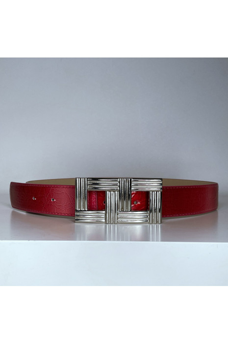 Ceinture rouge avec boucle rectangle argenté - 1