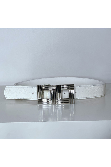 Ceinture blanche avec boucle rectangle argenté - 2