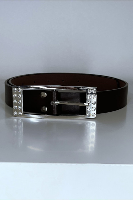 Ceinture femme en marron avec boucle réctangle ornée de strass - 1