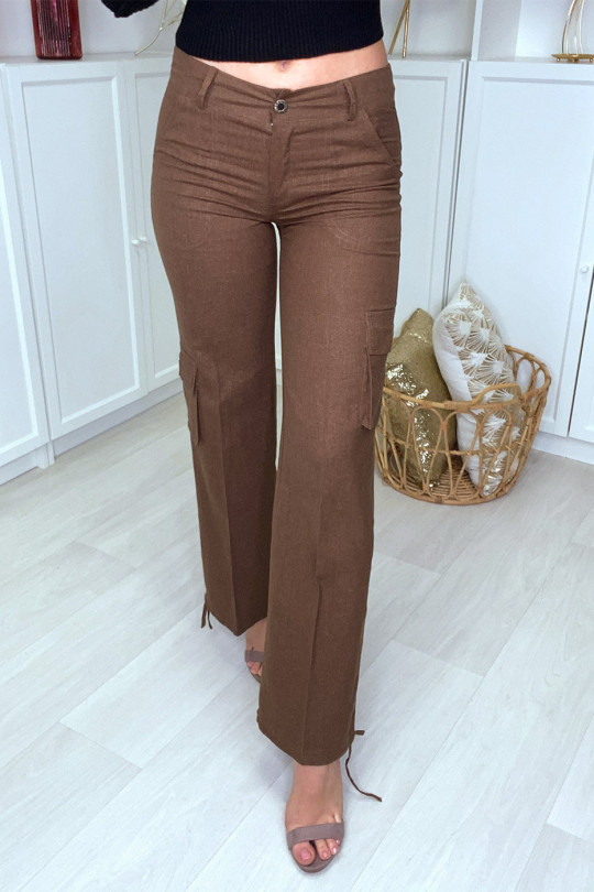 Pantalon cargo marron facon lin avec poches - 4