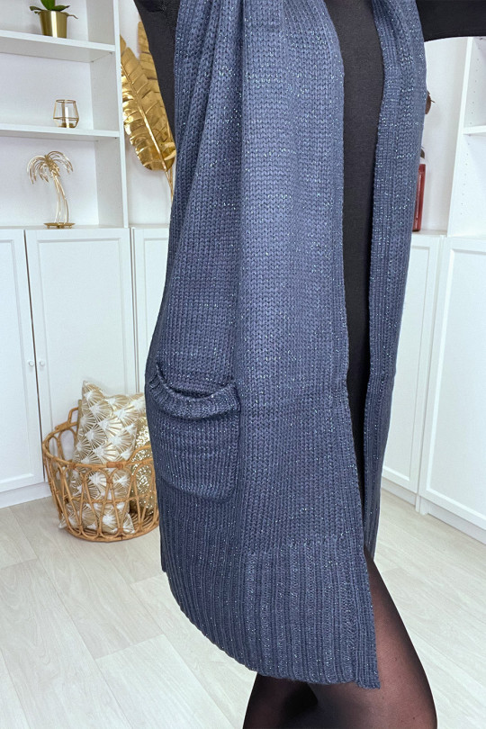 Long brown mesh cardigan, sleeveless, open back and pockets. PU + 282