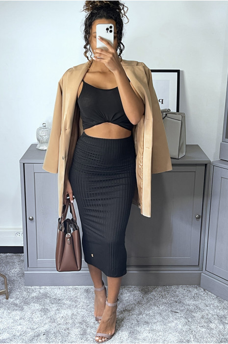 Jupe noir mi-longue matière côtelée - 4