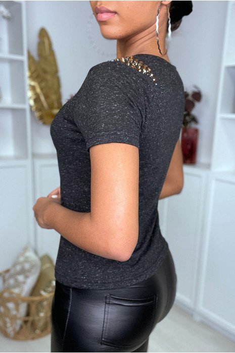 Tee shirt uni noir avec strass - 2