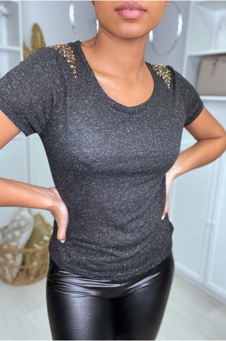 Tee shirt uni noir avec strass - 3