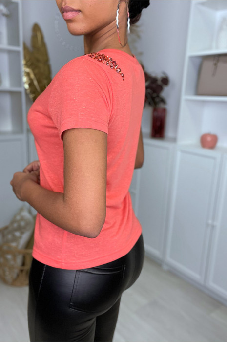 Tee shirt uni corail avec strass - 2