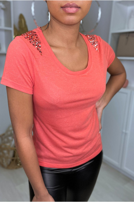 Tee shirt uni corail avec strass - 3