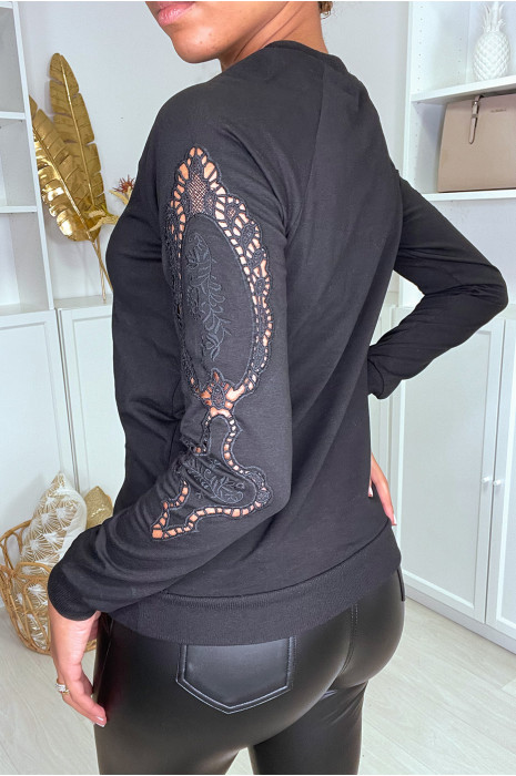 Sweat noir pour femme avec broderie aux manches - 3