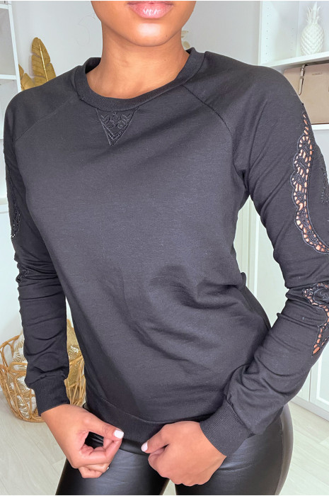 Sweat noir pour femme avec broderie aux manches - 4