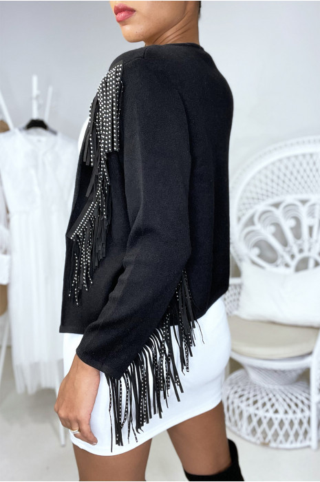 Gilet noir avec frange en suédine et strass - 1