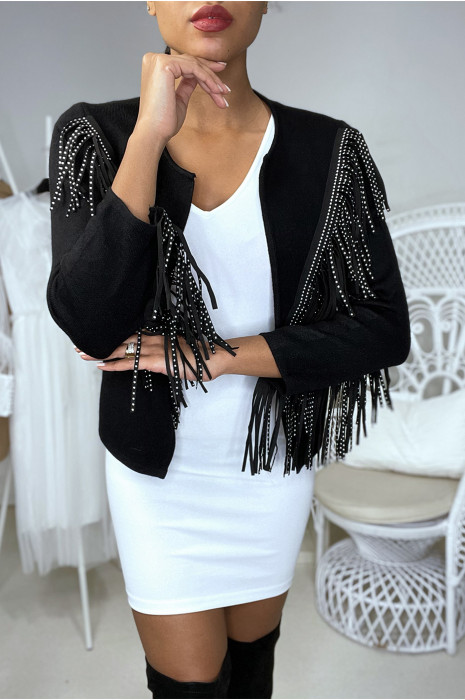 Black cardigan with suede and rhinestone fringe - 2