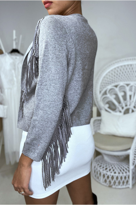 Gilet gris avec frange en suédine et strass - 1