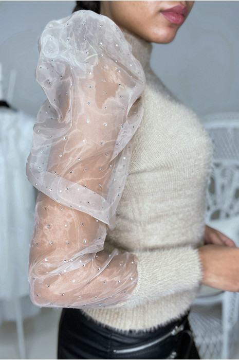 Pull camel très doux avec manches bouffante en tulle et stras - 3